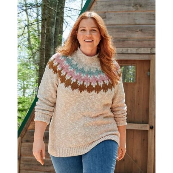 L.L.Bean Womens Ragg Nordic Fair Isle Fisherman Sweater Size XL Beige FA EXC - Picture 1 of 10